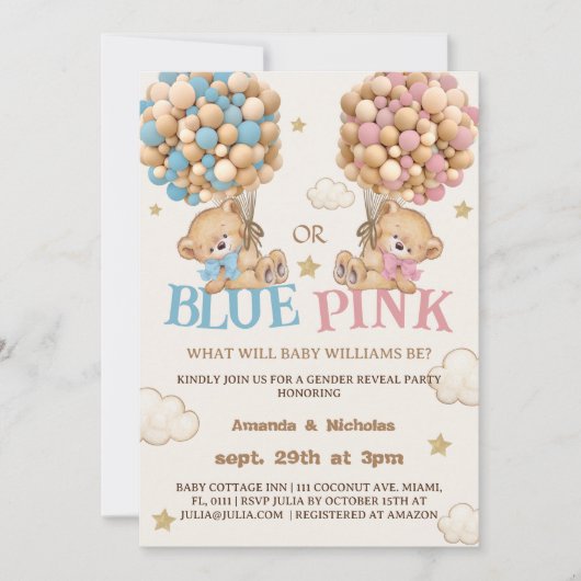 Teddy Bear Blue oder Pink Gender Reveal Einladung (Vorderseite)
