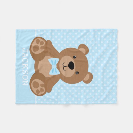 Teddy Bear Blue Polka Dot Personalisiert Boy Fleecedecke (Vorderseite (Horizontal))