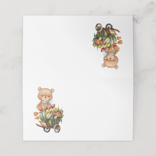 Teddy Bear Blue Rustikale Flora Platzkarte (Außenseite Aufgefaltet)