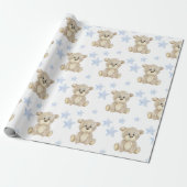 Teddy Bear Blue Stars Watercolor Babydusche Geschenkpapier (Ungerollt)