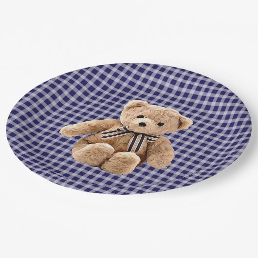 Teddy Bear Blue Streifen Party Plate Pappteller (Schrägansicht)
