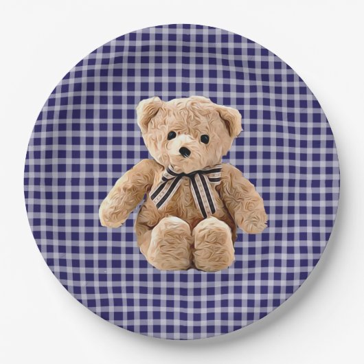 Teddy Bear Blue Streifen Party Plate Pappteller (Vorderseite)