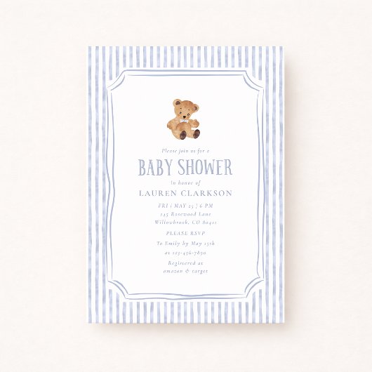 Teddy Bear Blue Stripes Baby Boy Baby Shower  Ankündigung