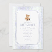 Teddy Bear Blue Stripes Baby Boy Baby Shower  Ankündigung (Vorderseite)