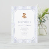 Teddy Bear Blue Stripes Baby Boy Baby Shower  Ankündigung (Stehend Vorderseite)