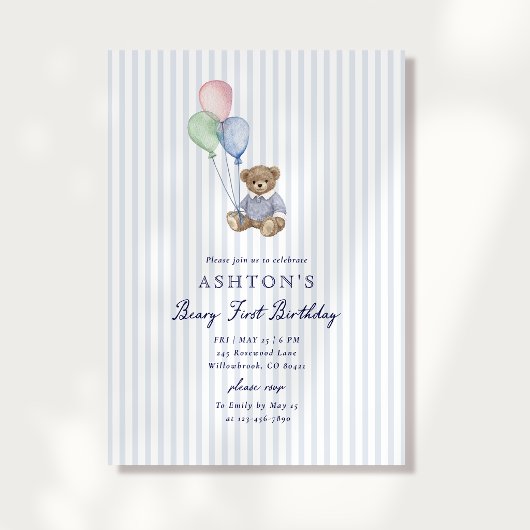 Teddy Bear Blue Stripes First Birthday Invitation Ankündigung