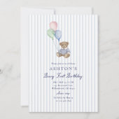 Teddy Bear Blue Stripes First Birthday Invitation Ankündigung (Vorderseite)