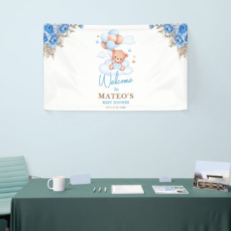 Teddy Bear Blue Tan Balloons Baby Dusche Willkomme Banner