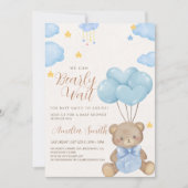 Teddy Bear Blue Tan Balloons Babydusche Einladung (Vorderseite)