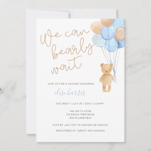 Teddy Bear Blue Tan Balloons Babydusche Einladung (Vorderseite)