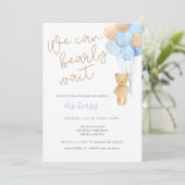 Teddy Bear Blue Tan Balloons Babydusche Einladung (Stehend Vorderseite)