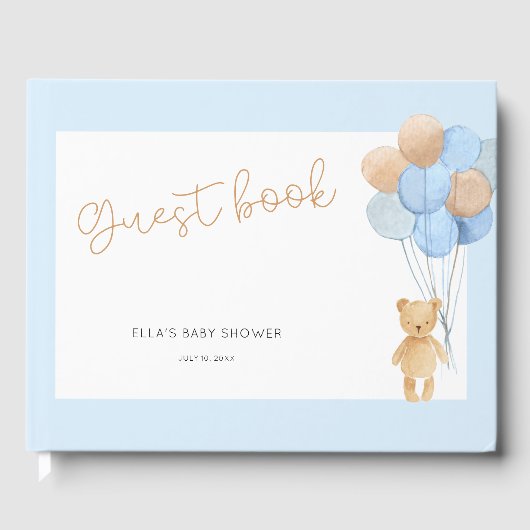 Teddy Bear Blue Tan Balloons Babydusche Gästebuch (Vorderseite)