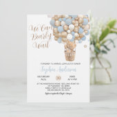 Teddy Bear Blue Tan Balloons Boy Baby Dusche Einladung (Stehend Vorderseite)