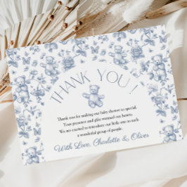 Teddy Bear Blue Toile Baby Dusche Danke Karte