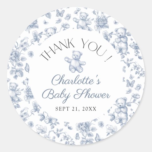 Teddy Bear Blue Toile Boy Baby Dusche Vielen Dank Runder Aufkleber (Vorderseite)