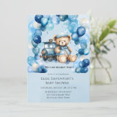 Teddy Bear Blue Train Boy Baby Dusche Einladung (Stehend Vorderseite)