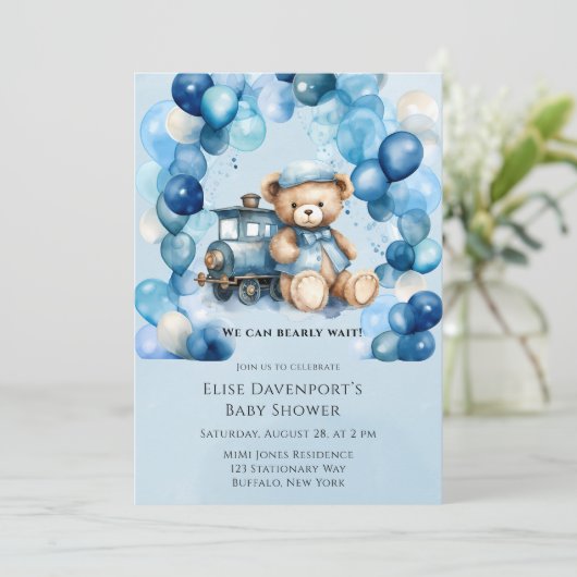 Teddy Bear Blue Train Boy Baby Dusche Einladung (Stehend Vorderseite)