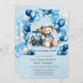 Teddy Bear Blue Train Boy Baby Dusche Einladung (Vorne/Hinten)