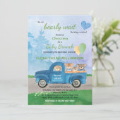 Teddy Bear Blue Truck Balloons Forest Baby Dusche Einladung (Stehend Vorderseite)