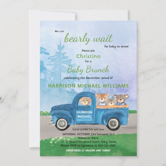 Teddy Bear Blue Truck Green Forest Boy Babydusche Einladung (Vorderseite)