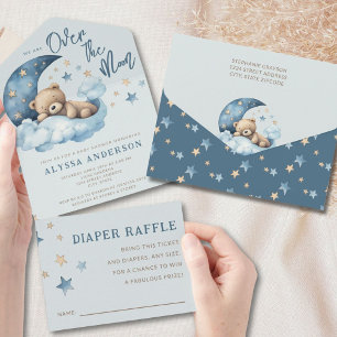 Teddy Bear Blue Über den Mond Baby Shower All In One Einladung