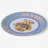 Teddy Bear Blue und Tan Polka Dotted Party Plate Pappteller (Schrägansicht)