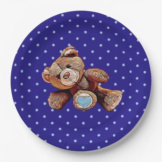 Teddy Bear Blue und Tan Polka Dotted Party Plate Pappteller (Vorderseite)