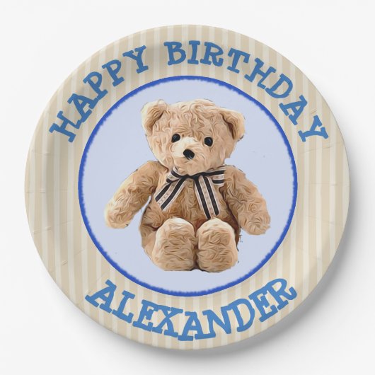 Teddy Bear Blue und Tan Polka Dotted Party Plate Pappteller (Vorderseite)
