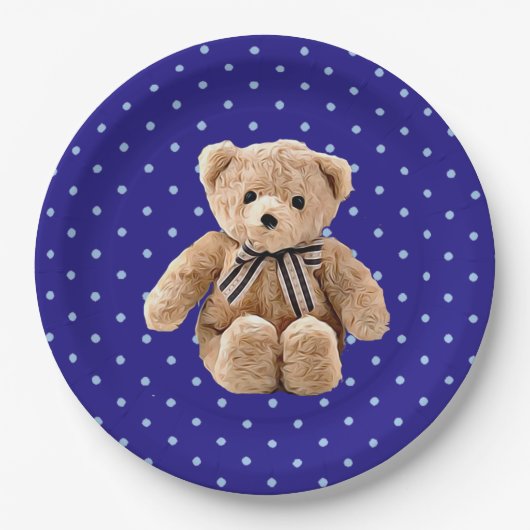 Teddy Bear Blue und Tan Polka Dotted Party Plate Pappteller (Vorderseite)