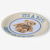 Teddy Bear Blue und Tan Polka Dotted Party Plate Pappteller (Schrägansicht)