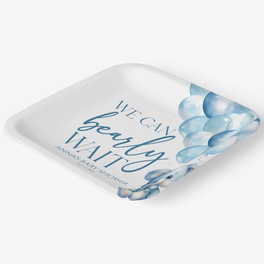 Teddy Bear Blue We Can Bearly Wait Baby Shower Pappteller (Gewinkelt)