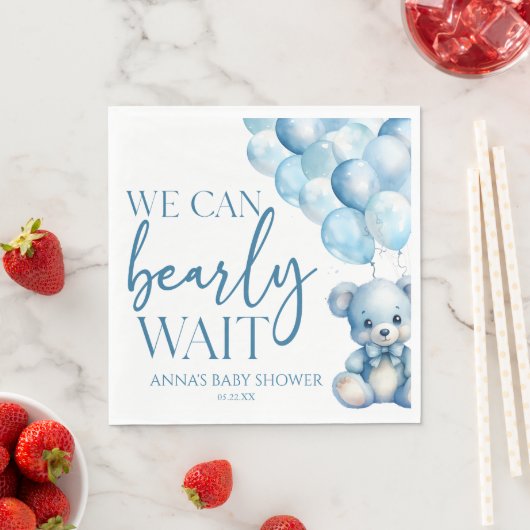 Teddy Bear Blue We Can Bearly Wait Baby Shower Serviette (Beispiel)