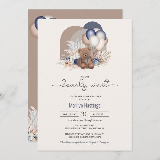 Teddy Bear & Blue White Balloons Boho Baby Dusche Einladung (Vorne/Hinten)