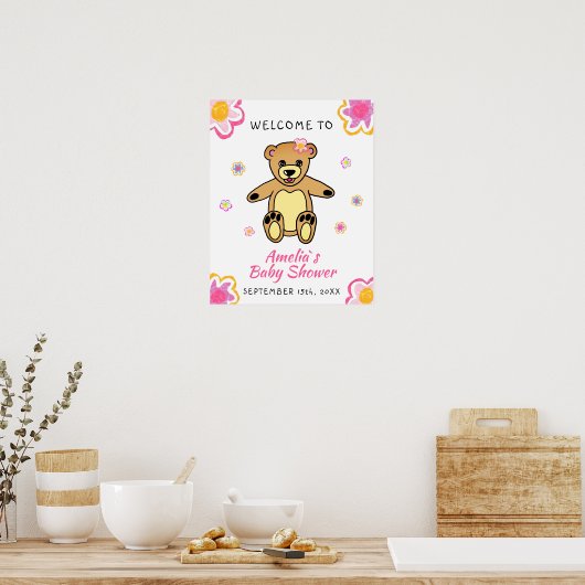 Teddy Bear Blume Floral Baby Dusche Begrüßungszeic Poster (Küche)