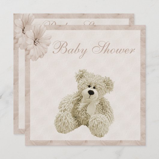 Teddy Bear & Blume Neutral Baby Dusche Einladung (Vorne/Hinten)