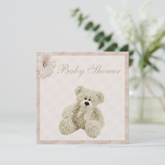 Teddy Bear & Blume Neutral Baby Dusche Einladung (Stehend Vorderseite)