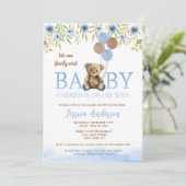 Teddy Bear Boho Blue Boy Baby Dusche Einladungen (Stehend Vorderseite)