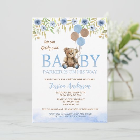 Teddy Bear Boho Blue Boy Baby Dusche Einladungen (Stehend Vorderseite)