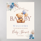 Teddy Bear Boho Blue Rose Balloon Babydusche Poster (Vorne)