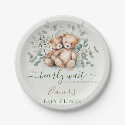 Teddy Bear Boho Twins Gender Neutral Baby Shower Pappteller (Vorderseite)
