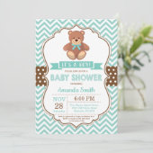 Teddy Bear Boy Baby Dusche Aqua Zickzack Einladung (Stehend Vorderseite)