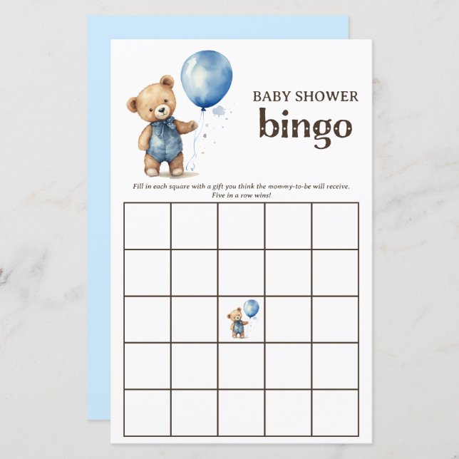 Teddy Bear Boy Baby Dusche Bingo Spiel (Vorne/Hinten)