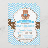 Teddy Bear Boy Baby Dusche Blau Zickzack Einladung (Vorne/Hinten)