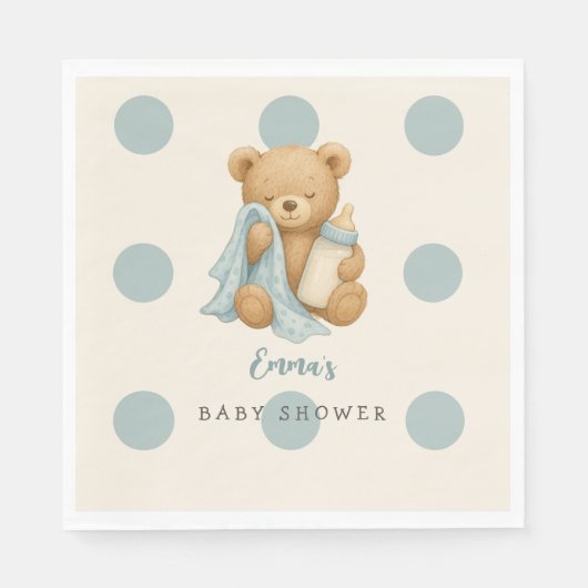Teddy Bear Boy Baby Dusche Polka Dot Napkins Serviette (Vorderseite)