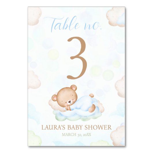 Teddy Bear Boy Baby Dusche Tischnummer Zeichen (Vorderseite)