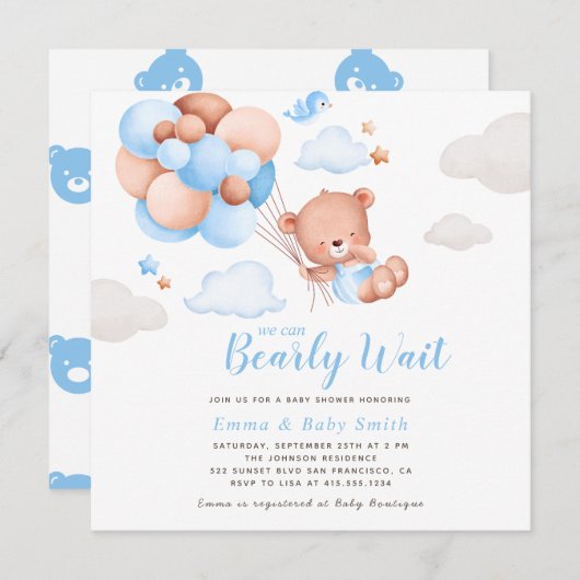 Teddy Bear Boy Baby Shower Einladung (Vorne/Hinten)