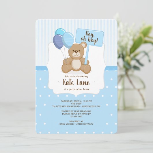 Teddy Bear Boy Baby Shower Einladung (Stehend Vorderseite)