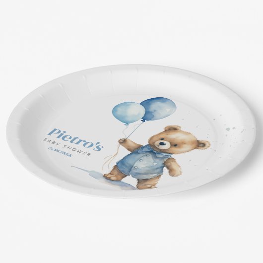Teddy Bear Boy Baby Shower Pappteller (Schrägansicht)