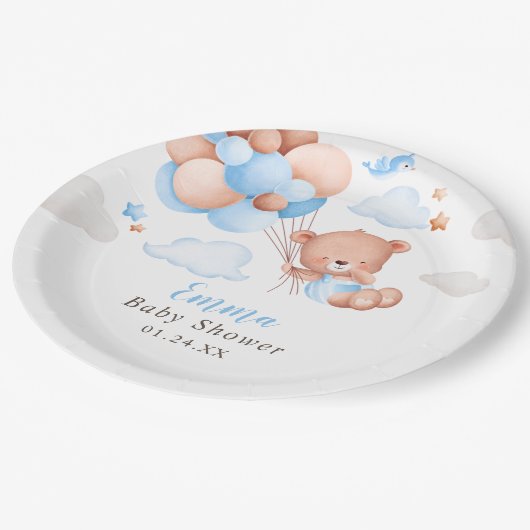 Teddy Bear Boy Baby Shower Pappteller (Schrägansicht)