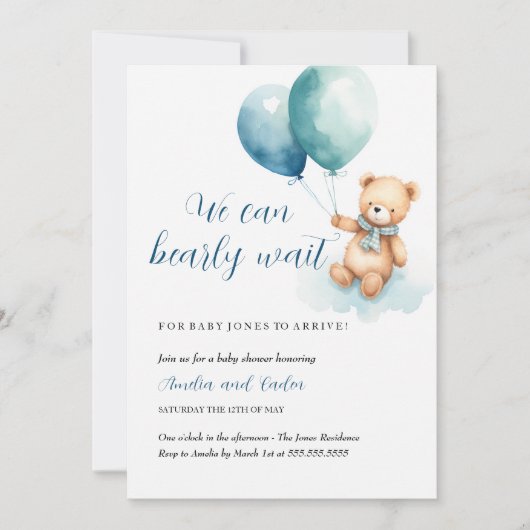 Teddy Bear Boy Bearly Wait Baby Shower Einladung (Vorderseite)